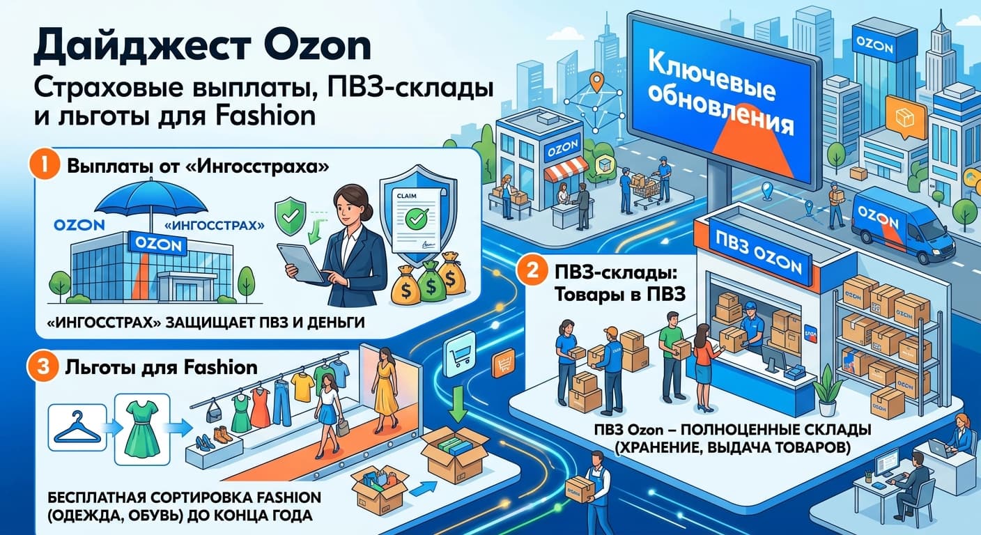 Дайджест Ozon: страховые выплаты, ПВЗ-склады и льготы для Fashion