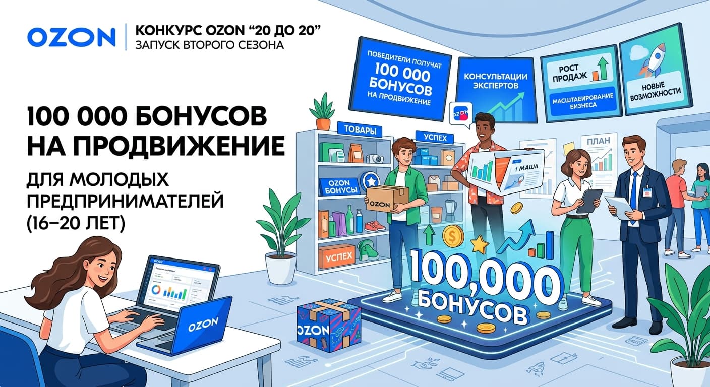 Конкурс Ozon «20 до 20»: 100 000 бонусов на продвижение для молодых предпринимателей