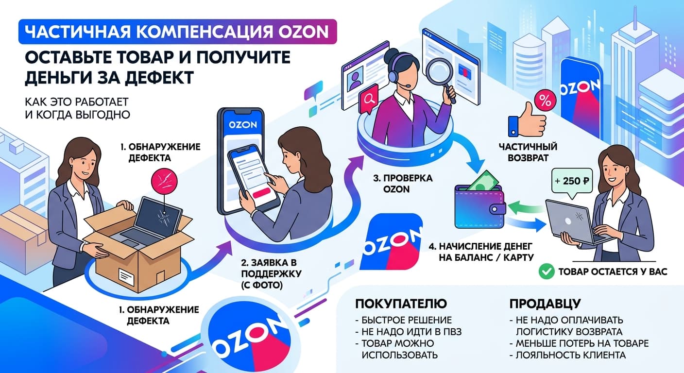 Ozon: частичная компенсация стоимости при дефекте товара