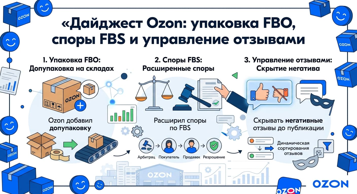 Дайджест Ozon: упаковка FBO, споры FBS и управление отзывами