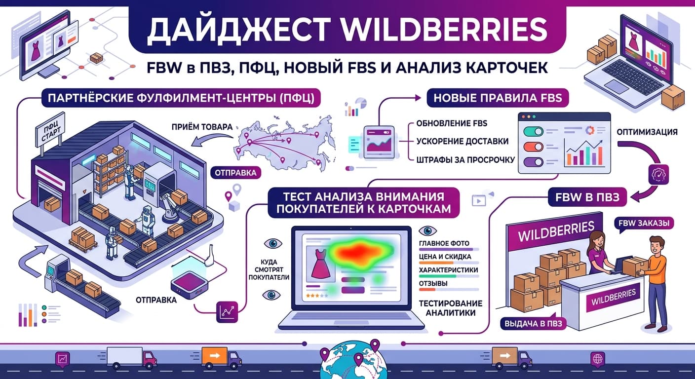 Дайджест Wildberries: FBW в ПВЗ, ПФЦ, новый FBS и анализ карточек